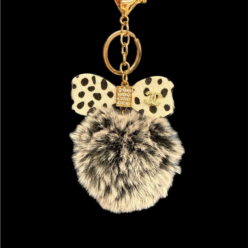 Leopard Print Bow w/ cc charm Faux Fur Pom Keychain